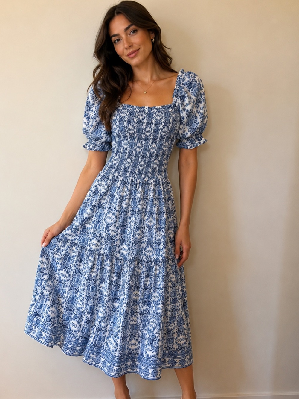 Max Studio Blue and White Floral Smocked Maxi Dress with Puff Sleeves